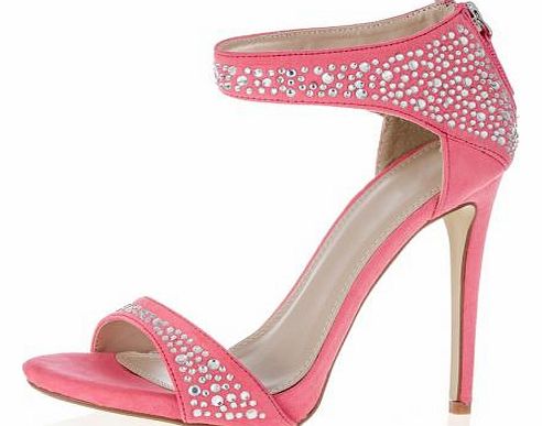Coral Diamante Strap Sandals These gorgeous sandals feature silver diamante studs around the ankle and foot strap. A high heel sandal, it would be ideal worn with a maxi or as part of a party outfit. - Heel zip fasten - High pencil heel - Heel height