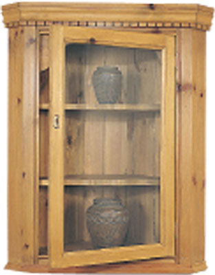 This elegant hanging corner cupboard has one glazed door  two internal fluted shelves and an