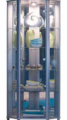 This corner display unit is finished in an attractive silver effect. Featuring a glass door. mirrored back panels and 4 fixed shelves. this cabinet shows off your display items with a halogen light. A great talking piece for your home. Size H172. W71