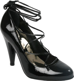 Corset almond toe high heel patent leather court shoe. Featuring lace up straps continuing up the le