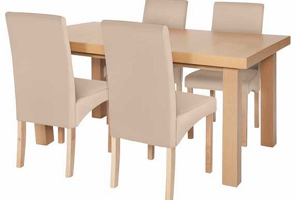 From the Cosgrove collection. this table with chairs will bring a fresh new look to your dining room. This table comes with an integral extension that adds 45cm to the length and 4 solid wood chairs that have leather effect seat pads and back rests. 