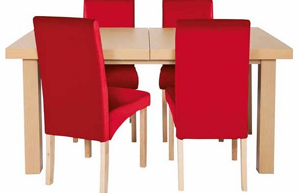 Add a vibrant splash of colour to your dining room with this dining table and chairs from the Cosgrove collection. This wood effect table comes with an integral extension that adds 45cm to the length. and 4 solid wood chairs upholstered in red fabric