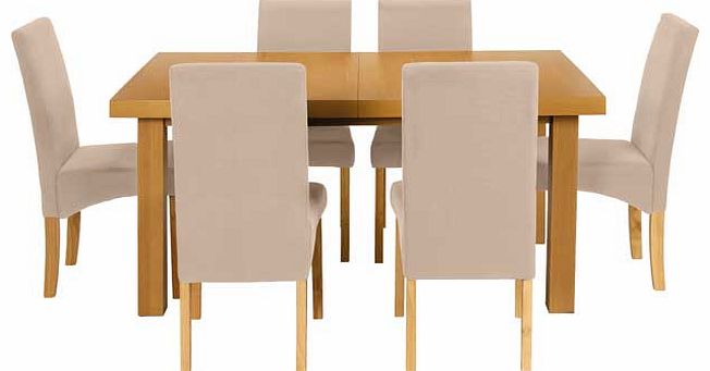 From the Cosgrove collection. this dining table with chairs will bring a fresh new look to your dining room. This table comes with an integral extension that adds 45cm to the length. and 6 solid wood chairs that have leather effect seat pads and back