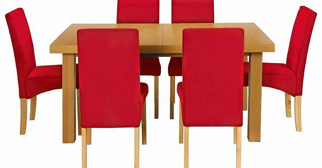 Bring some colour to your dining room with this dining table with chairs from the Cosgrove collection. This table has an integral extension that adds 45cm to the length and 6 solid wood chairs that are upholstered in a vibrant red fabric. This Cosgro