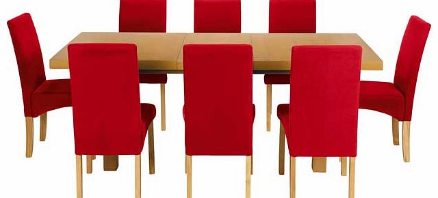 Add a splash of vibrant colour to your dining room with this Cosgrove table and fabric chairs. The table has an integral extension that adds 45cm to the length and the 8 solid wood chairs are upholstered in red fabric. This Cosgrove dining set is per