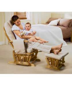 Reclining glider chair and stool in solid pine natural finish. Five position recline.Soothing rockin