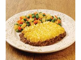 A classic cottage pie made with savoury minced beef topped with a layer of mashed potato. Served with peas, diced carrot and swede.
