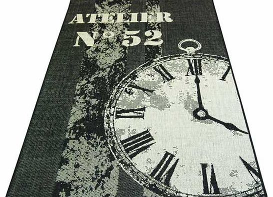 Stylish clock design flatwave rug woven with a durable polypropylene pile. Suitable for all areas of the home. Easy care and durable. 100% polypropylene. Surface shampoo only. Size L170. W120cm. Weight 3.3kg. (Barcode EAN=5053095063264)
