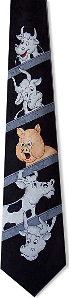 A delightful cows tie with cartoon-style cows and a pig on a black background