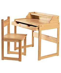 Solid natural rubberwood childrens desk and chair. Desk includes front opening drawer and shelf. Eas