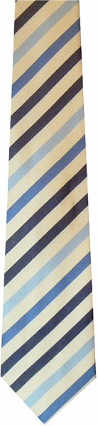 A thick woven polyester tie with stripes in shades of blue on a cream background