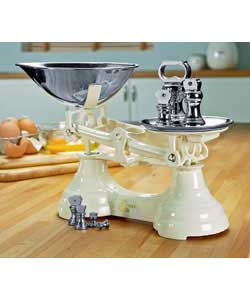 Cream cast metal scale with chromed scoop and weight pan. Complete with elegant 1lb, 8oz, 4oz, 2oz,