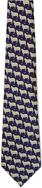A delightful with lots of little cream-coloured sheep interspersed with red blocks on a navy