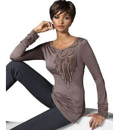 Long jersey top with luxurious beading detail and fabric appliqué on the front and on the gathered cuffs. Creation L Top Features: Washable 95% Viscose, 5% Elastane Length approx. 70 cm (28 ins) (Size 16)
