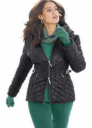 Lightly padded crinkle style jacket with an intricate quilted look. Turndown collar with ruffle detail, 2 zip pockets, full length 2 way zip and silver coloured press studs. The quilted panels and decorative tab emphasise the waistline. Creation L Ja