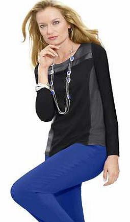 The chic faux leather on this top makes it a real eye-catcher. With a rounded neckline, long sleeves and coated jersey fabric detailing. Creation L Top Features: Faux leather detail Round neck Long sleeves Washable 85% Viscose, 12% Polyester, 3% Elas