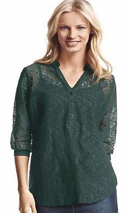 V-neck top made from enchanting, sheer lace, made opaque thanks to the sewn-in base top. Featuring a small stand-up collar, button panel and three-quarter length sleeves with elasticated hem. Creation L Top Features: Casual fit Delicate wash max. 30�