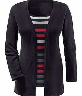 Elegant, layered look cardigan and top! The cardigan is worn open and shows the striped insert. Creation L Cardigan Features: Long sleeves Round neckline Washable 55% Cotton, 45% Viscose Length approx. 74 cm (29 ins) (Size 16)