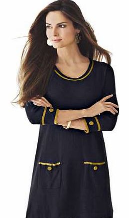 Fashionable A-line, longer cut sweater which comes in a soft and intricately tailored fine knit, and has contrasting trim on the rounded neckline, sleeves and pockets, with each having contrasting decorative button. Ribbed knit on the sleeves, hem an