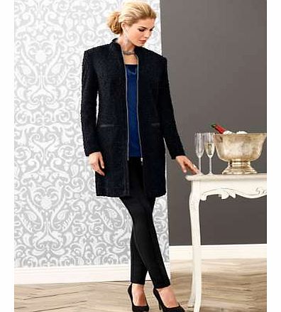 Long blazer in a trendy boucle-quality, effective, decorated with subtle shiny sequins. With elaborately piped collar and shaping seams. Featuring two pockets, full front zip with a fine piping, back slit, and long Sleeves.Creation L Jacket Features: