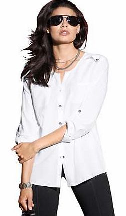 A fashionable blouse with an open, rounded neckline and decorative tabs on the shoulders. Featuring 2 breast pockets and a full length button panel. With long sleeves with narrow buttoned cuffs and a slightly rounded hem. Creation L Blouse Features: 