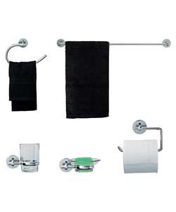 Zinc alloy/ chrome material.Includes towel bar, towel ring, toilet roll holder, tumbler holder and s