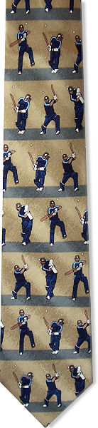A deep gold silk tie with cricket batsmen in blue playing shots