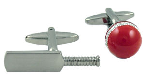 A great set of cricket themed cufflinks, with one shaped like a cricket bat and the other a ball.