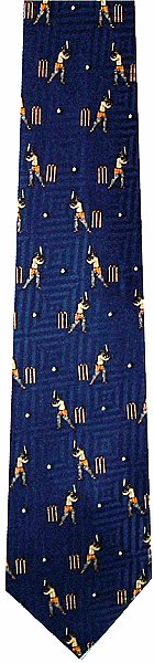 A smart cricket tie featuring cricketers on a navy blue background