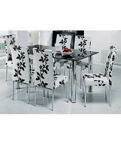 Unbranded Crystal black glass table and 4 Floral Print Chairs