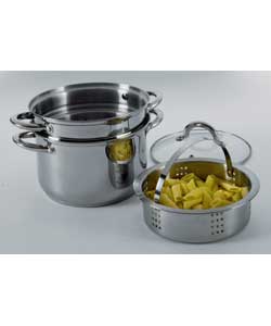 Includes free steamer basket.Stainless steel.0.5mm gauge on largest pan.1.8mm capsule base.20cm stoc