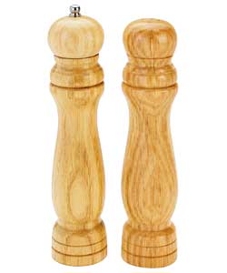 Light oak finish.Size of each mill 20cm. Pepper mill with stainless steel grinding mechanism.