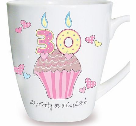Cupcake Birthday Mug This fabulous bone china mug with cute big numbers cupcake design makes a gorgeous gift for a 30th Birthday. The words 30 as pretty as a Cupcake! and Happy Birthday are fixed text. Mug measures approx 10.5 cm x 11.6 cm x 8.4 cm a