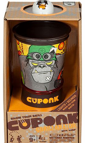 Monkey around with the Cuponk! Gorillanator game. Cuponk! is one of those simple ideas with fantastic results. Simply toss the balls at the cup and if you make the shot youll be rewarded with flashing lights and sounds. But thats just the start - wow