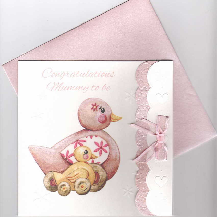 Cute Mummy to Be Congratulations Card embellished with scalloped pink trim and pretty organza bow. G