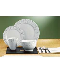 6 place settings.Set contains 6 dinner plates, 6 side plates, 6 bowls and 6 mugs.Dinner plate