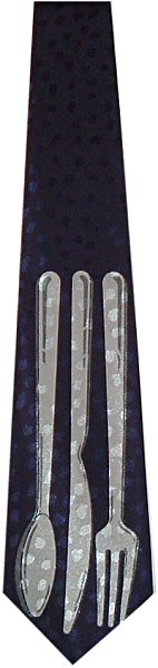 A great restaurant tie for a chef or cook featuring a large knife, fork and spoon on dark navy