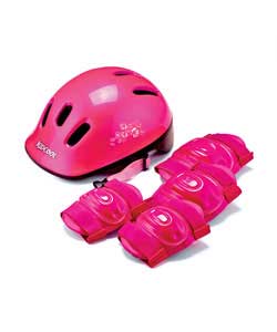 Contains pink cycle helmet size 48-52cm and one set of knee and elbow pads. 6 vents.