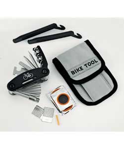 Handy carrying pouch.2 tyre levers.9 repair patches.16 in 1 cycle multi tool.