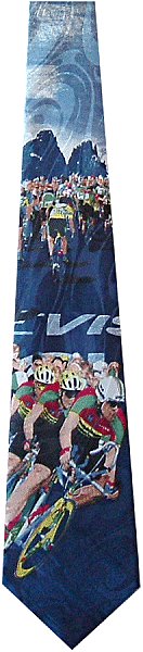 A blue cycling tie featuring brightly coloured cyclists racing
