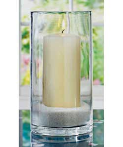 Ivory round head pillar candle  - height 15cm, diameter 7.5cm.White decorative sand.Clear glass hurr