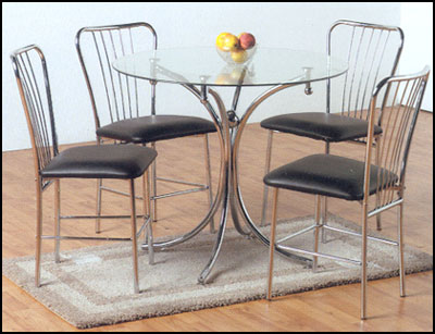 36" round table featuring elegant chrome pedestal topped by chrome globe at the apex, the