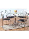 The Dandie dining set features a unique chrome pedestal table design with a circular glass top.This