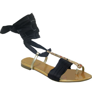 Danny2, T-bar flat metallic sandal. Featuring jewelled bar and satin ankle tie strap. Lining: synthe