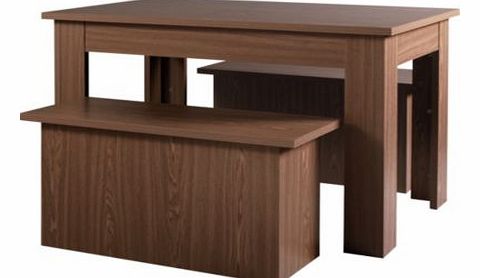 Add a touch of contemporary style to your dining area with this chunky walnut effect Dayton Storage set. With two benches. there is enough room for all of the family. It is perfect for a smaller home where a bit of space saving is valued. as the benc