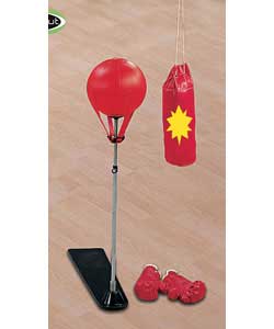 Inflatable punch bag.Height adjustable pole with spring back action and boxing gloves.Also includes