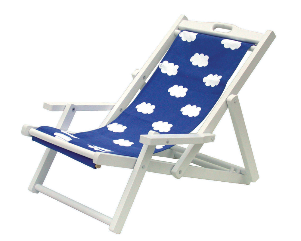 Stylish and comfortable deck chair for kids. The wooden frame is painted white with a non-toxic pain