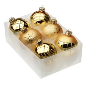 Decorated Gold Baubles, Large, Box of Six