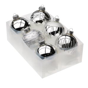 Decorated Silver Baubles, Large, Box of Six