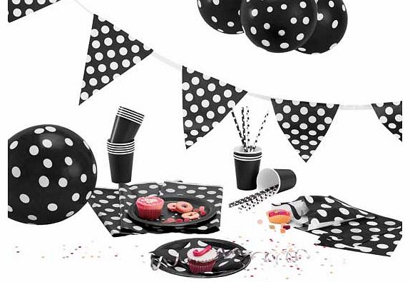Kick off any party with this Decorative Dots Party Kit. Equipped with bunting. balloons. plates. cups. napkins. straws and more. All with a stylish black and white dot design that makes this set a perfect choice for any party. Set includes: 16 plates